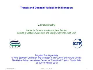 Trends and Decadal Variability in Monsoon V. Krishnamurthy