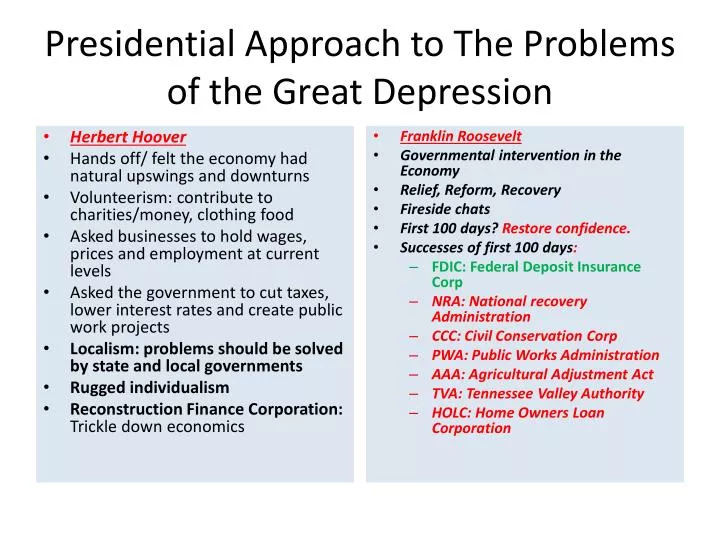 presidential approach to the problems of the great depression
