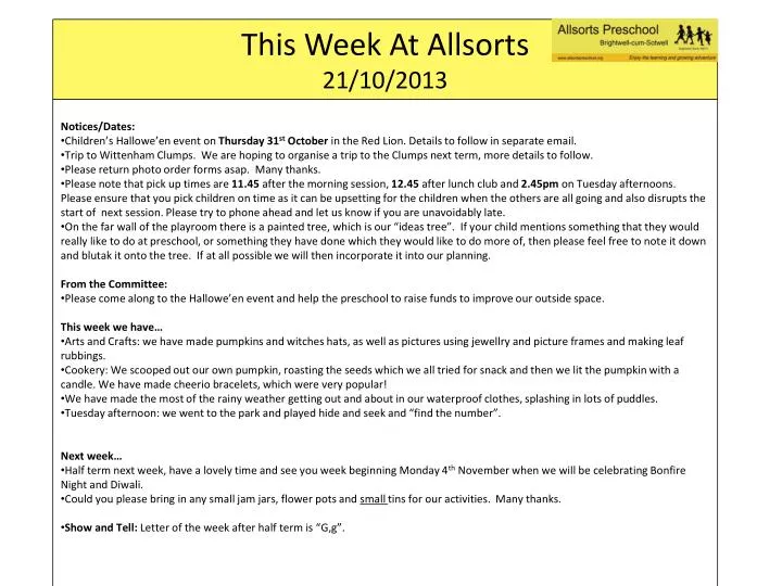 this week at allsorts 21 10 2013