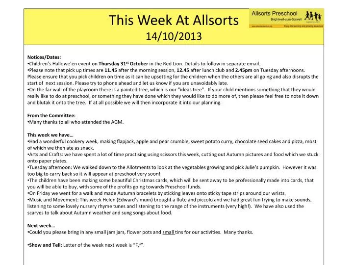 this week at allsorts 14 10 2013