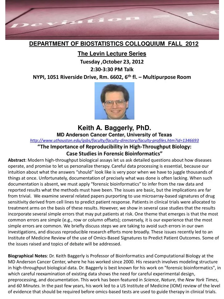 department of biostatistics colloquium fall 2012 the levin lecture series