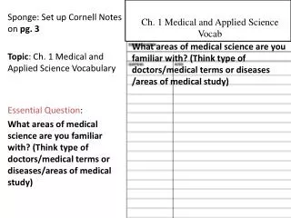 Sponge: Set up Cornell Notes on pg. 3 Topic : Ch. 1 Medical and Applied Science Vocabulary