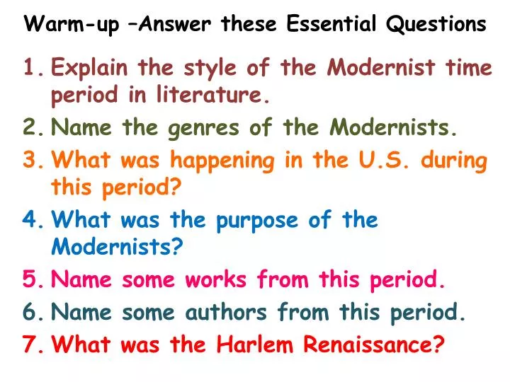 warm up answer these essential questions