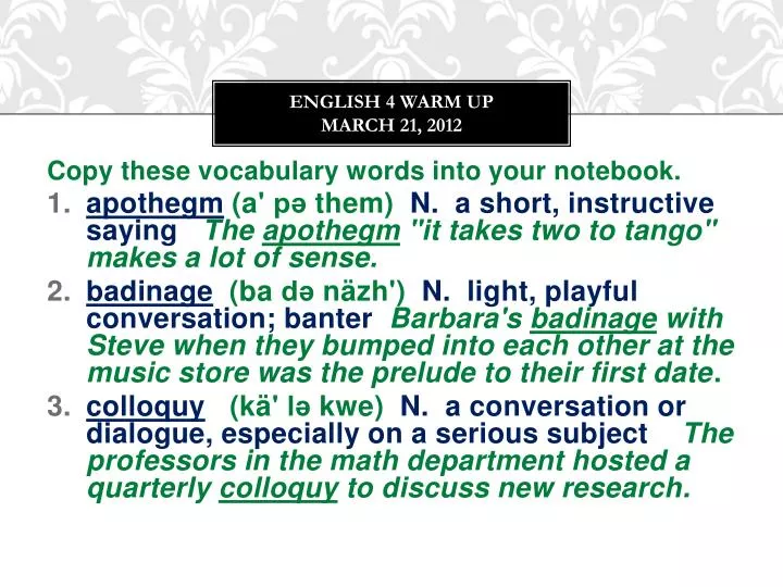 english 4 warm up march 21 2012