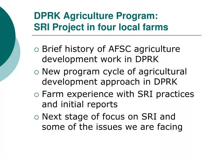 dprk agriculture program sri project in four local farms