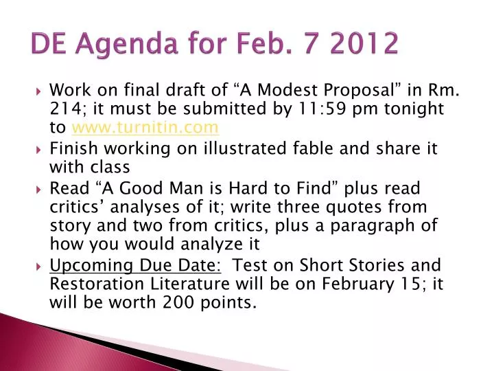 de agenda for feb 7 2012