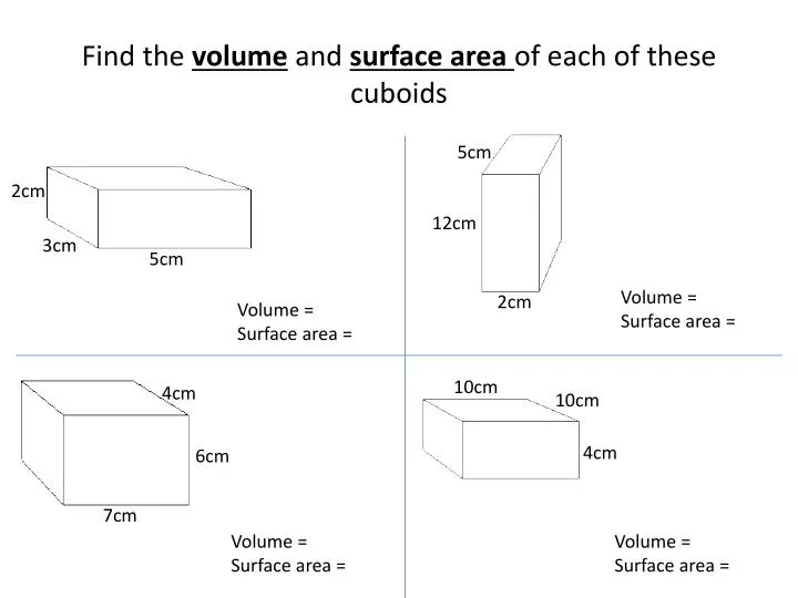 find the volume and surface area of each of these cuboids
