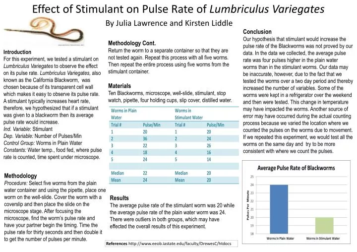 effect of stimulant on pulse rate of lumbriculus variegates