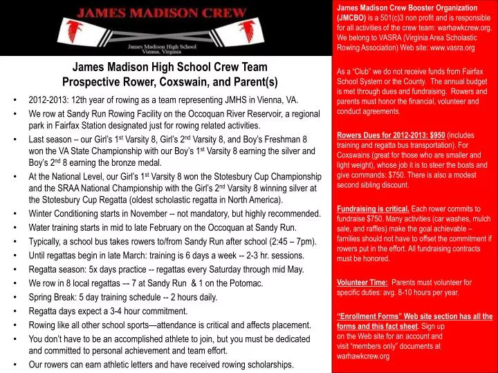 james madison high school crew team prospective rower coxswain and parent s