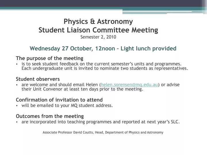 physics astronomy student liaison committee meeting semester 2 2010