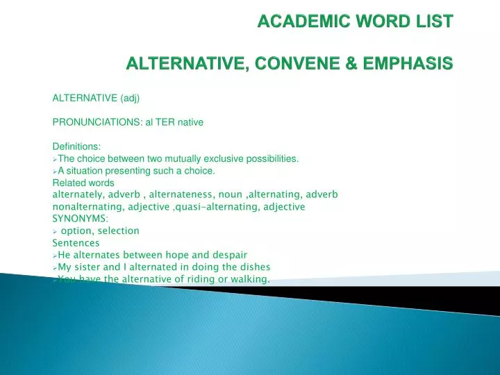 academic word list alternative convene emphasis