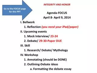 INTEGRITY AND HONOR Agenda-FOCUS April 8- April 9, 2014 I. Bellwork