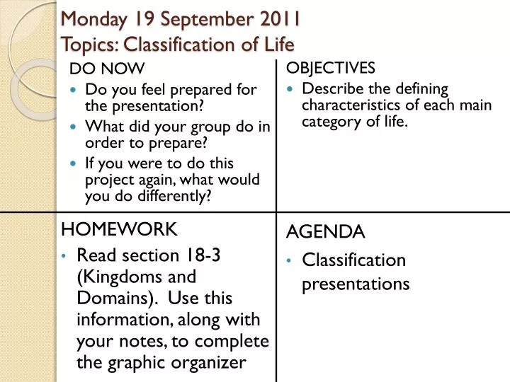 monday 19 september 2011 topics classification of life