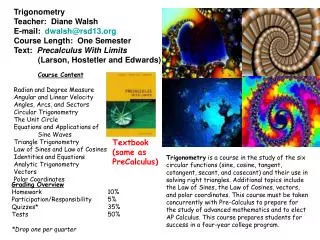 Trigonometry Teacher: Diane Walsh E-mail: dwalsh@rsd13.org Course Length: One Semester