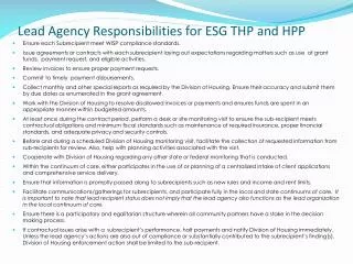 Lead Agency Responsibilities for ESG THP and HPP