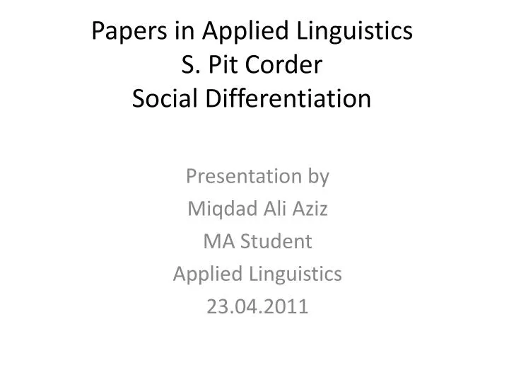 papers in applied linguistics s pit corder social differentiation