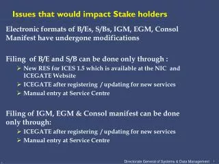 Issues that would impact Stake holders