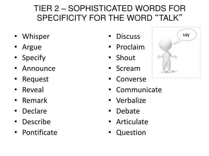 tier 2 sophisticated words for specificity for the word talk