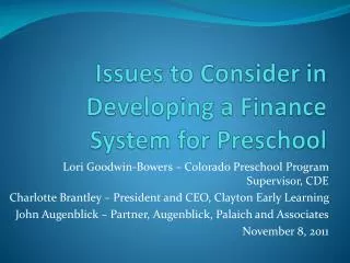 Issues to Consider in Developing a Finance System for Preschool