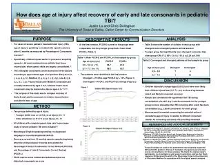 How does age at injury affect recovery of early and late consonants in pediatric TBI?