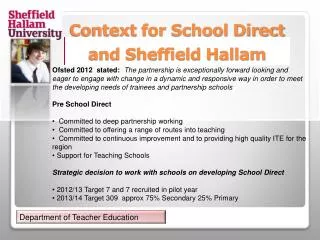 Context for School Direct and Sheffield Hallam