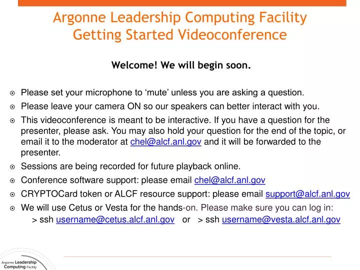argonne leadership computing facility getting started videoconference