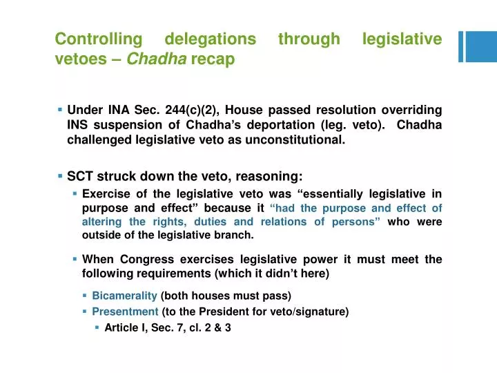 controlling delegations through legislative vetoes chadha recap