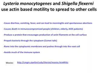 Lysteria monocytogenes and Shigella flexerni use actin based motility to spread to other cells