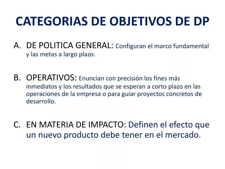 categorias de objetivos de dp