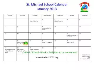 St. Michael School Calendar January 2013