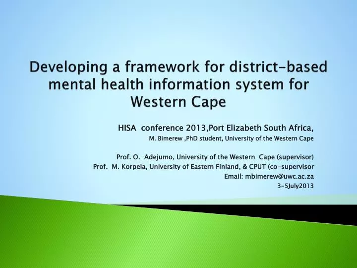 developing a framework for district based mental health information system for western cape