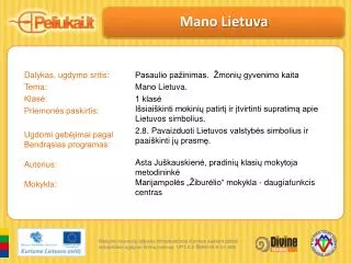 Dalykas, ugdymo sritis: Tema: Klasė: Priemonės paskirtis: