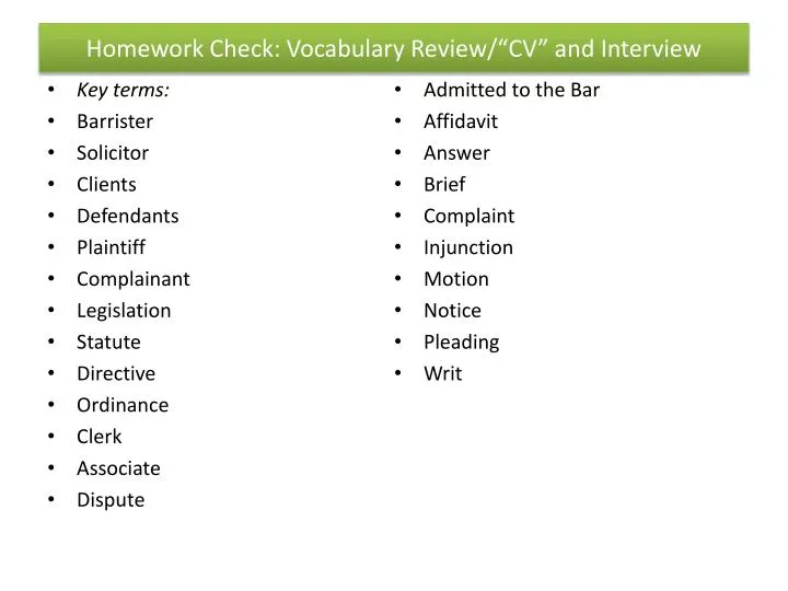 homework check vocabulary review cv and interview