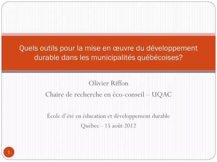 quels outils pour la mise en uvre du d veloppement durable dans les municipalit s qu b coises