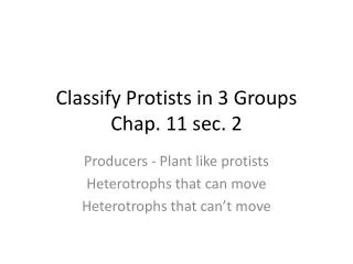 Classify Protists in 3 Groups Chap. 11 sec. 2