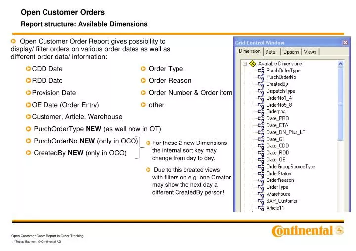 open customer orders report structure available dimensions