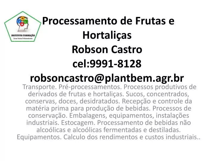 processamento de frutas e hortali as robson castro cel 9991 8128 robsoncastro@plantbem agr br