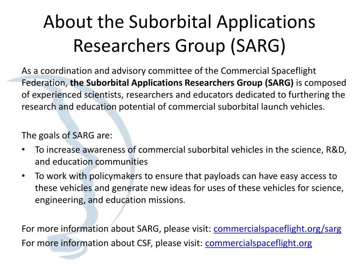 about the suborbital applications researchers group sarg