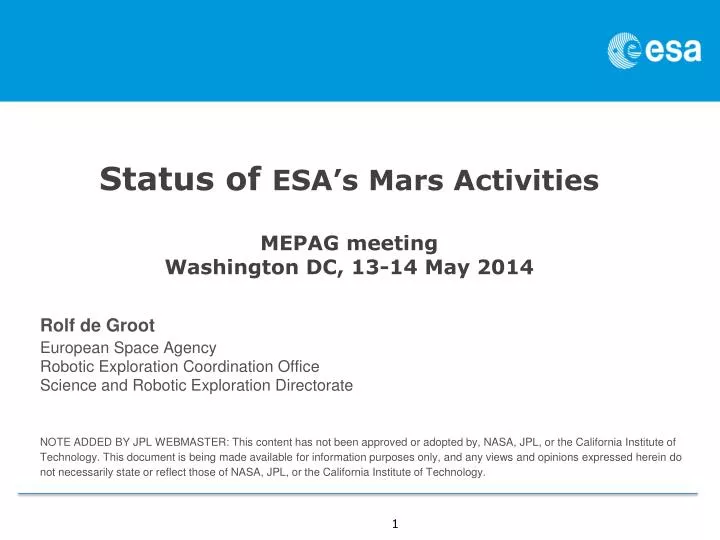 status of esa s mars activities mepag meeting washington dc 13 14 may 2014