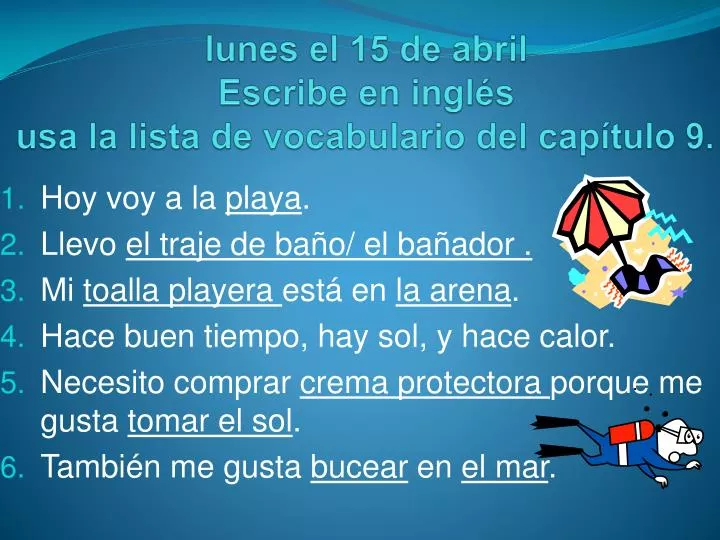 lunes el 15 de abril escribe en ingl s usa la lista de vocabulario del cap tulo 9