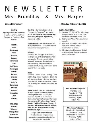 NEWSLETTER Mrs. Brumblay &amp; Mrs. Harper