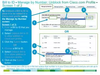 Bill to ID - Manage by Number: Unblock from Cisco.com Profile - Screen 1 of 2