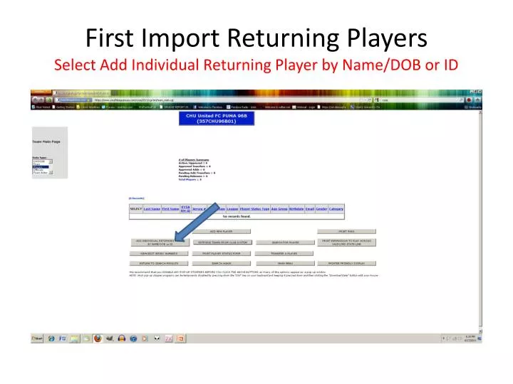 first import returning players select add individual returning player by name dob or id