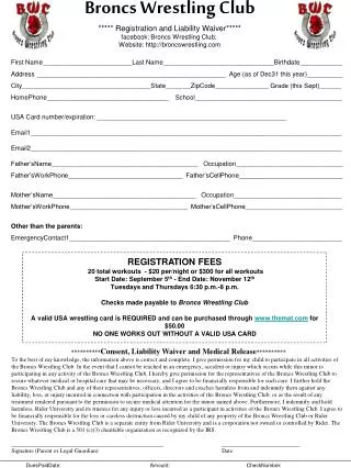 Broncs Wrestling Club ***** Registration and Liability Waiver*****