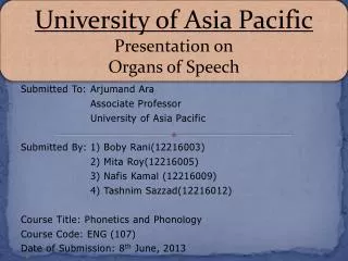 Submitted To:	 Arjumand Ara 	Associate Professor 	University of Asia Pacific