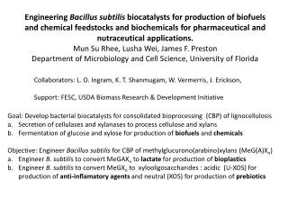 Goal: Develop bacterial biocatalysts for consolidated bioprocessing (CBP) of lignocellulosis