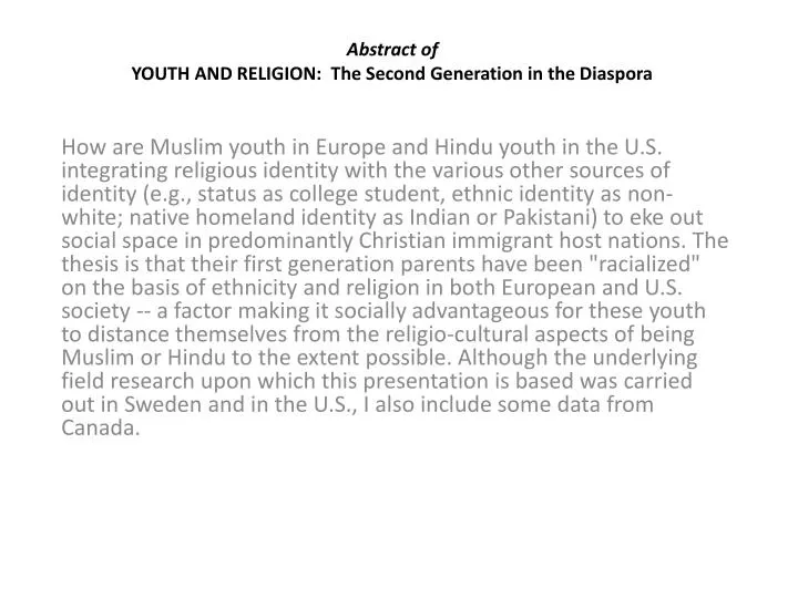 abstract of youth and religion the second generation in the diaspora