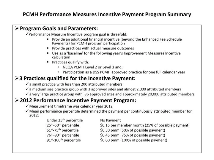 pcmh performance measures incentive payment program summary