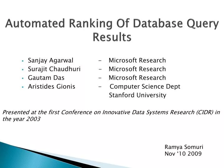 automated ranking of database query results