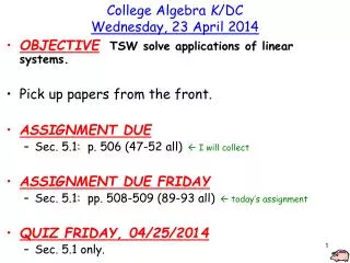 College Algebra K /DC Wednesday, 23 April 2014